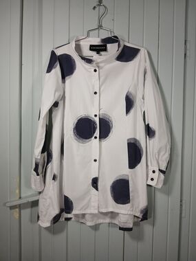 Kokomarina White Button-Up Tunic with Navy Dot Print
